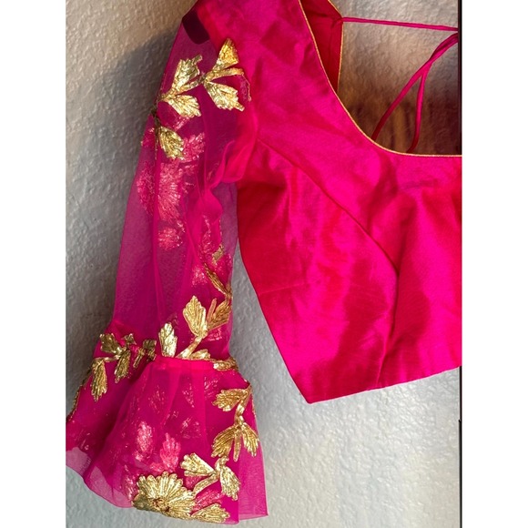 Vibhaa Blouse Womens Pink Gold‎ Zari Embroidered Sheer Flared Sleeves Scoop Neck - Picture 5 of 11